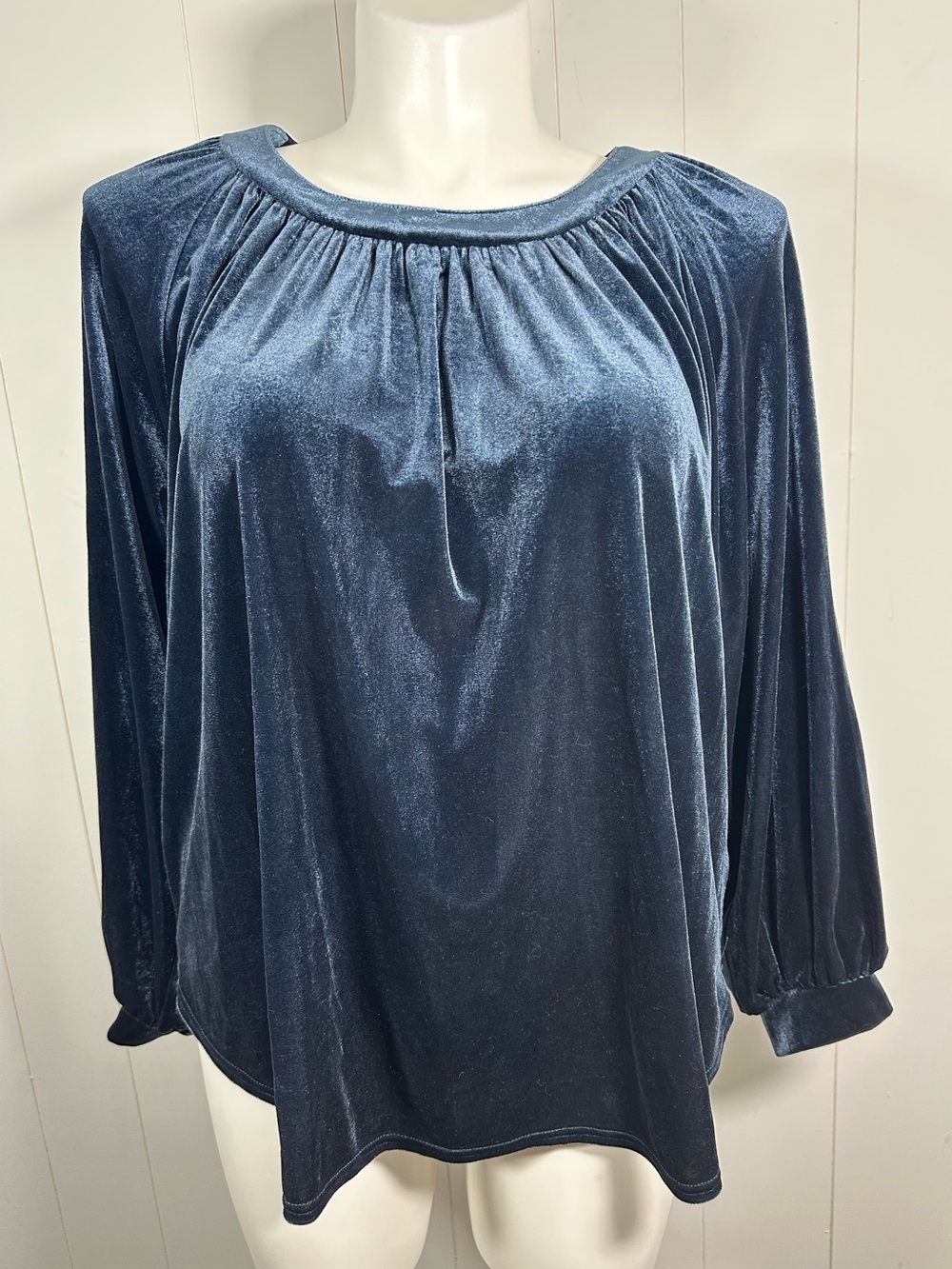 Umgee Size Large Womens Blue Velvet Balloon Long Sleeve Top Blouse Bohemian